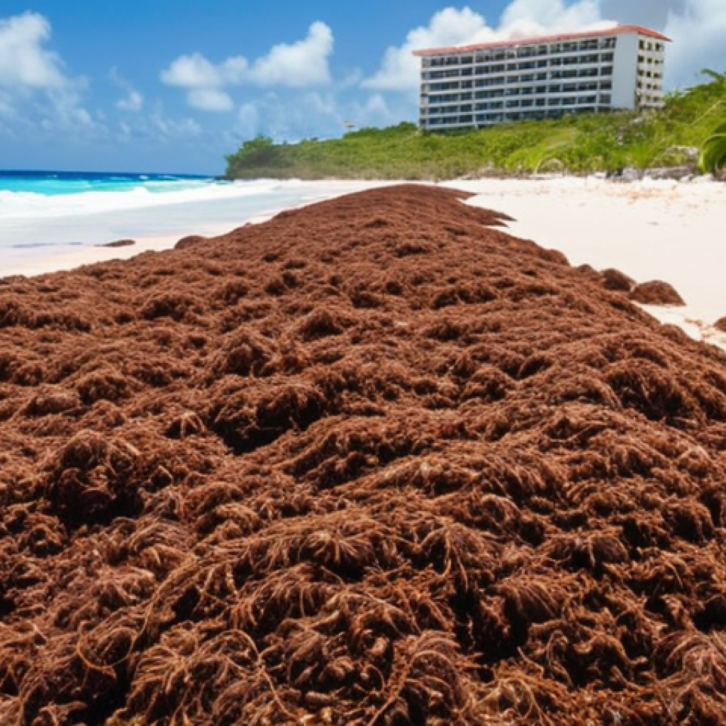 **A sunny Barbados beach overwhelmed by mounds of brown Sargassum seaweed, contrasted with luxury resorts in the background, highlighting the struggle between tourism and environmental challenges. Focus on the visual impact of the invasion.**