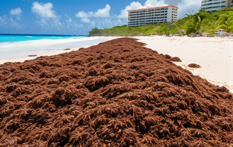 **A sunny Barbados beach overwhelmed by mounds of brown Sargassum seaweed, contrasted with luxury resorts in the background, highlighting the struggle between tourism and environmental challenges. Focus on the visual impact of the invasion.**