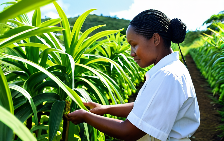 **Image Prompt: Sustainable Tourism & Agriculture in Barbados**
    A professional Barbadian woman in modest, comfortable, and practical attire, engaging in sustainable agricultural practices in a sunlit, modern farm. She is gently tending to diverse, vibrant crops within an innovative hydroponic system, with lush tropical foliage and hints of the island's natural beauty in the soft-focus background. The scene conveys a sense of growth, community engagement, and environmental stewardship. Perfect anatomy, correct proportions, natural pose, well-formed hands, proper finger count, natural body proportions. Fully clothed, appropriate attire, modest clothing, professional dress, safe for work, appropriate content, family-friendly, high-quality professional photography, realistic.