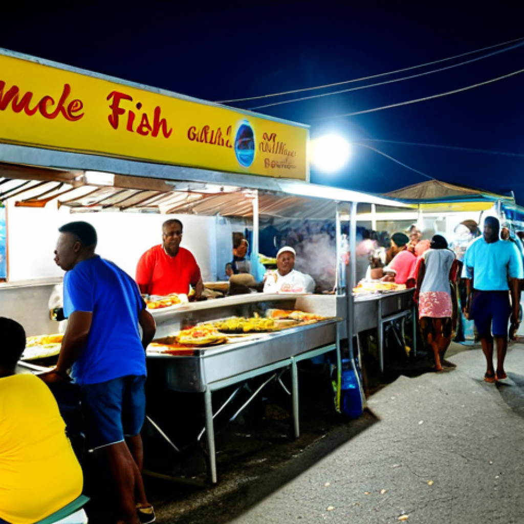 "A vibrant and bustling scene at Oistins Fish Fry, Barbados. Multiple food stalls are brightly lit and filled with locals and tourists, fully clothed in casual, appropriate attire, enjoying grilled seafood. The air is filled with smoke and the aroma of cooking fish. Calypso music plays in the background. Safe for work, professional, perfect anatomy, correct proportions, family-friendly, high quality, natural pose."