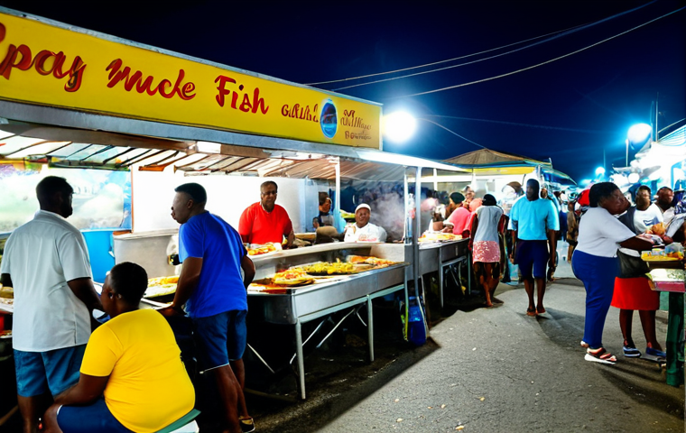 "A vibrant and bustling scene at Oistins Fish Fry, Barbados. Multiple food stalls are brightly lit and filled with locals and tourists, fully clothed in casual, appropriate attire, enjoying grilled seafood. The air is filled with smoke and the aroma of cooking fish. Calypso music plays in the background. Safe for work, professional, perfect anatomy, correct proportions, family-friendly, high quality, natural pose."
