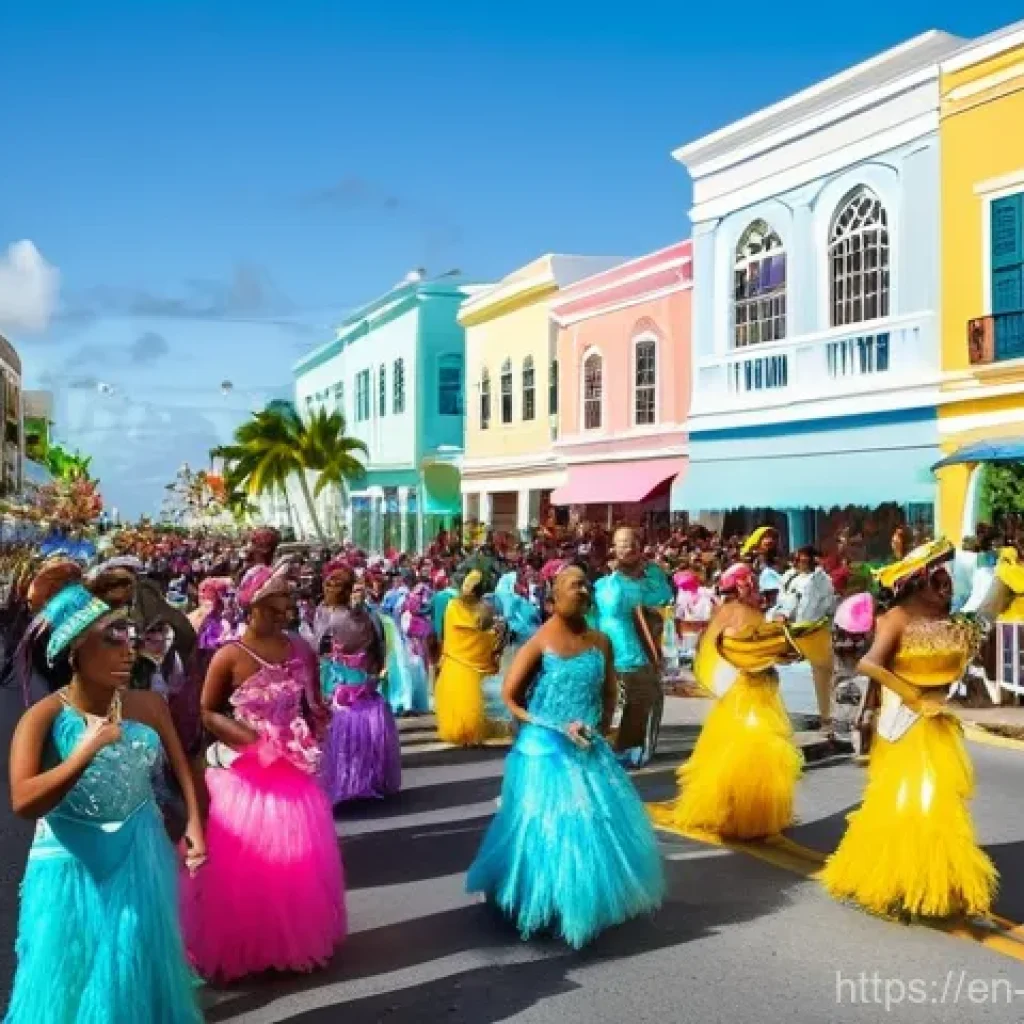 바베이도스 vs 바하마 리조트 비교 - **Vibrant Junkanoo Parade in Nassau, Bahamas:**
    A bustling and energetic street scene during a d...
