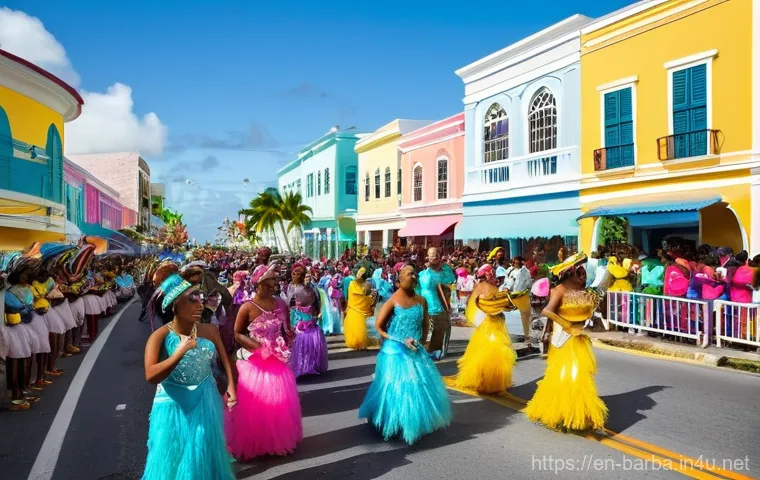 바베이도스 vs 바하마 리조트 비교 - **Vibrant Junkanoo Parade in Nassau, Bahamas:**
    A bustling and energetic street scene during a d...