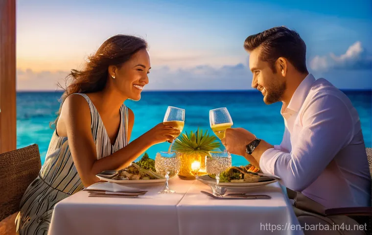 바베이도스 식사 예절 - Prompt 1: Upscale Waterfront Dining at Sunset**