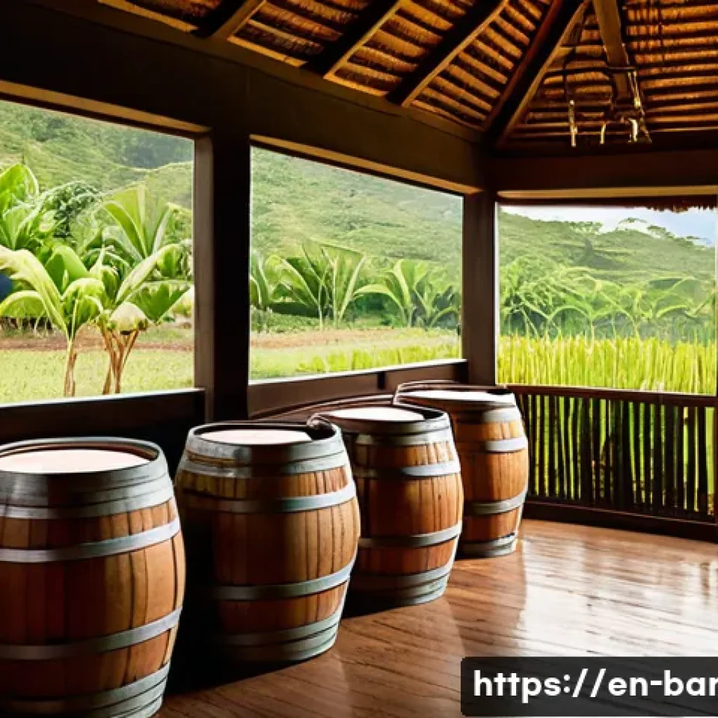 바베이도스 럼 산업과 무역 분쟁 - A rustic Barbadian rum distillery scene showcasing traditional pot still distillation and aging barr...