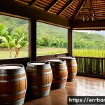 바베이도스 럼 산업과 무역 분쟁 - A rustic Barbadian rum distillery scene showcasing traditional pot still distillation and aging barr...