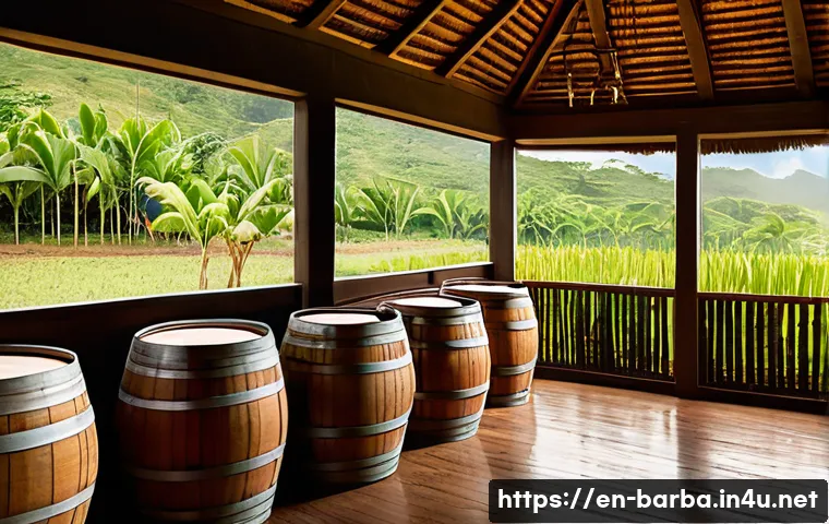 바베이도스 럼 산업과 무역 분쟁 - A rustic Barbadian rum distillery scene showcasing traditional pot still distillation and aging barr...
