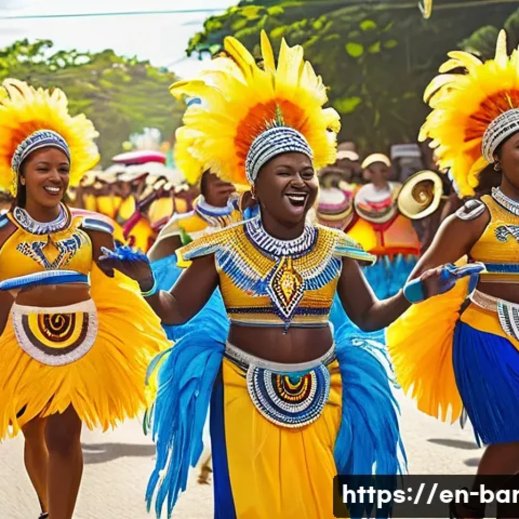 바베이도스 카리브해 문화 차이 - A vibrant Barbadian street festival scene during Crop Over, featuring colorful costumes with intrica...