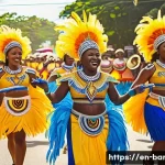 바베이도스 카리브해 문화 차이 - A vibrant Barbadian street festival scene during Crop Over, featuring colorful costumes with intrica...