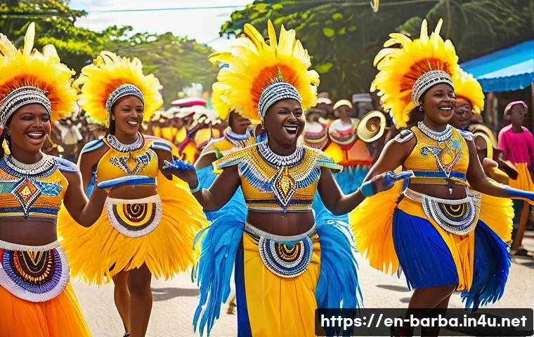 바베이도스 카리브해 문화 차이 - A vibrant Barbadian street festival scene during Crop Over, featuring colorful costumes with intrica...