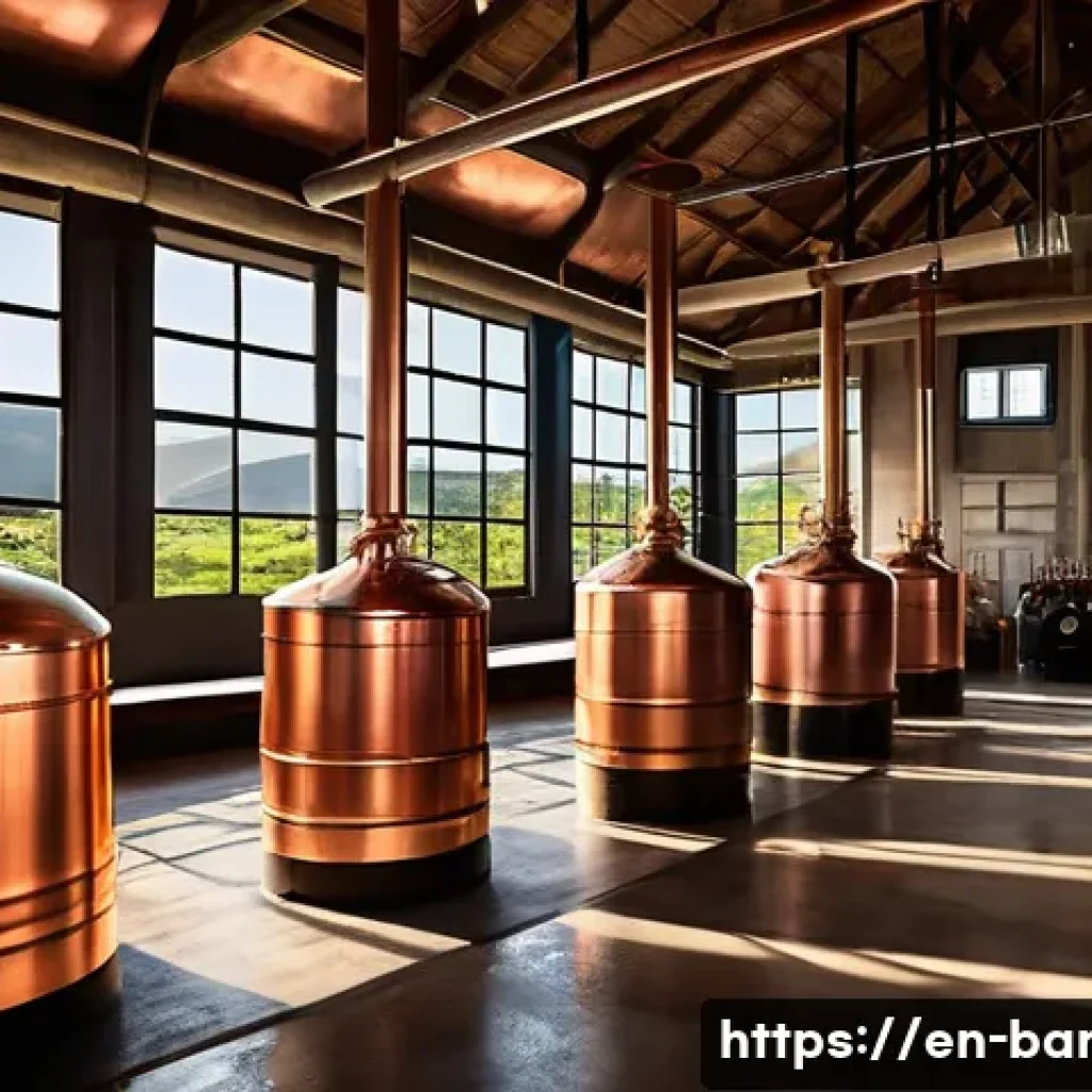 바베이도스 마운트게이 럼 브랜드 - A rustic rum distillery interior showcasing traditional copper pot stills and tall column stills und...