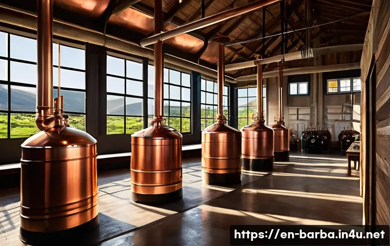 바베이도스 마운트게이 럼 브랜드 - A rustic rum distillery interior showcasing traditional copper pot stills and tall column stills und...