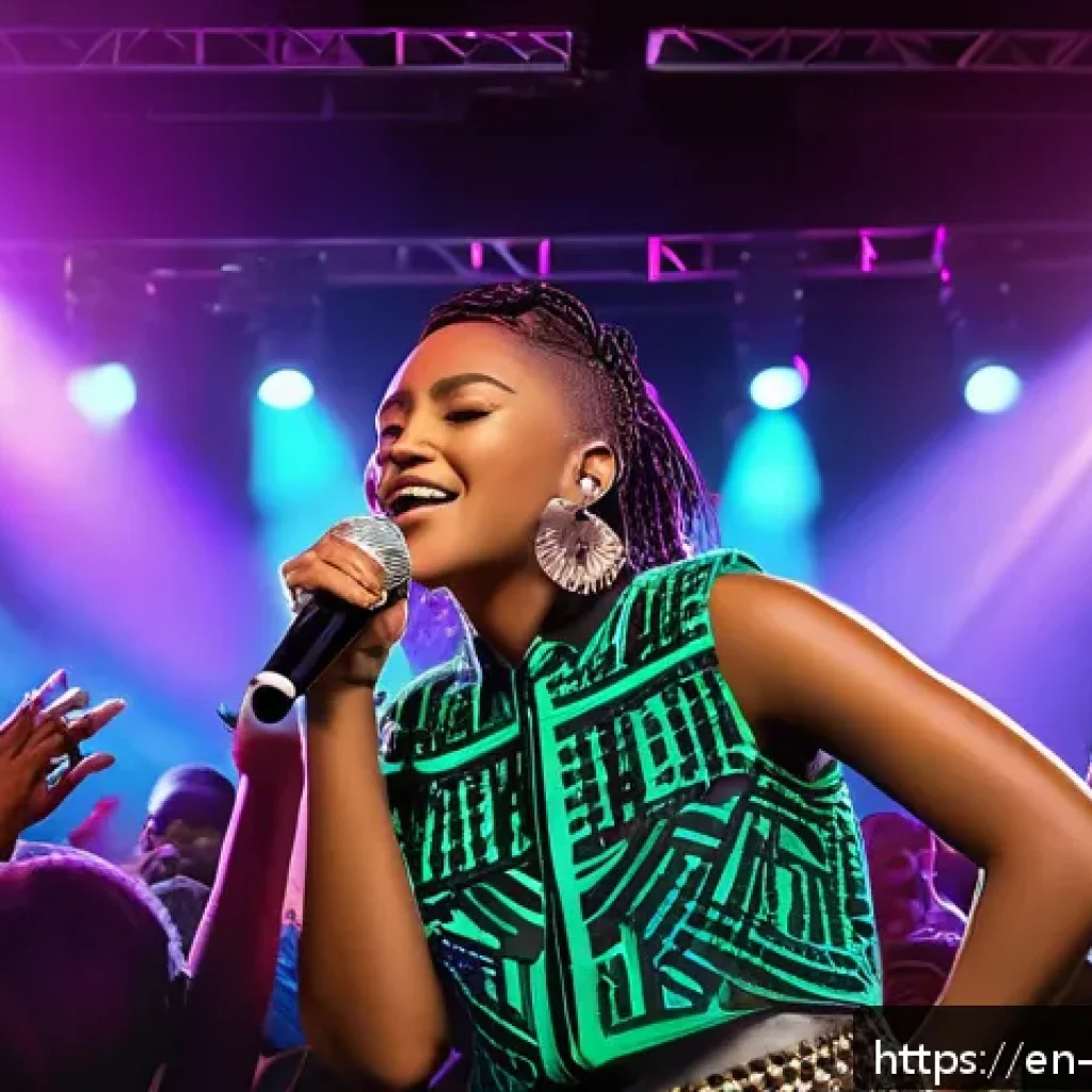 바베이도스 출신 유명 음악가 - A vibrant concert scene featuring a confident female pop and R&B artist on stage, blending Caribbean...