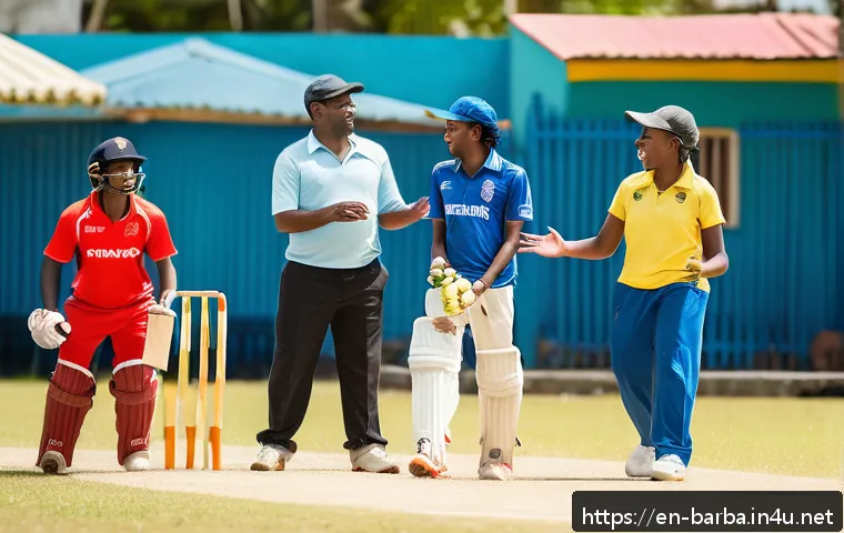 바베이도스에서 인기 있는 스포츠 - A vibrant community cricket match in Barbados set in a colorful neighborhood park with diverse famil...
