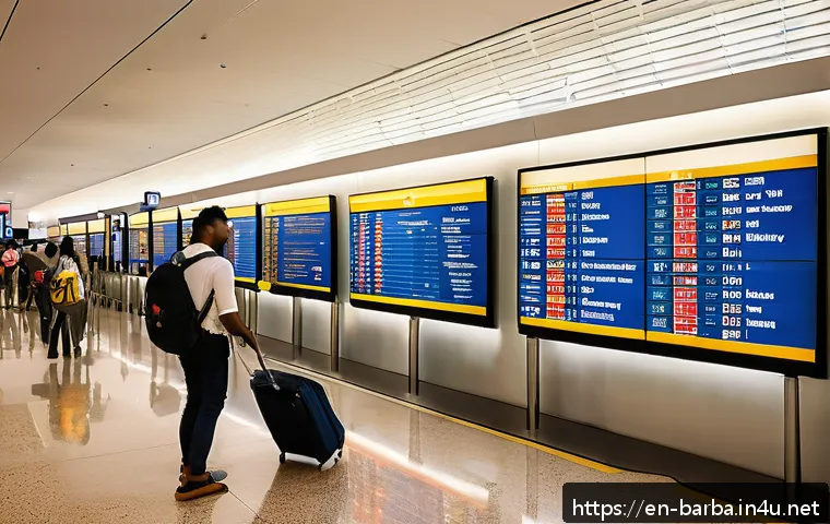 바베이도스 미국 출발 항공권 - A vibrant airport scene inside a major international hub like Miami International, showing diverse t...