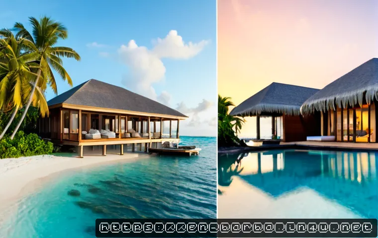 바베이도스 vs 몰디브 럭셔리 리조트 차이 - Photorealistic split-scene comparison of Barbados and Maldives luxury resorts: left side a refined C...